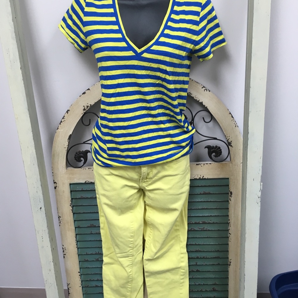 J crew V neck stripped T & jeans neon citrus